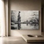 Porcelain White Pond Monochrome Geisha Art Canvas Print - Image 11