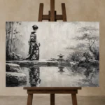 Porcelain White Pond Monochrome Geisha Art Canvas Print displayed on a studio easel