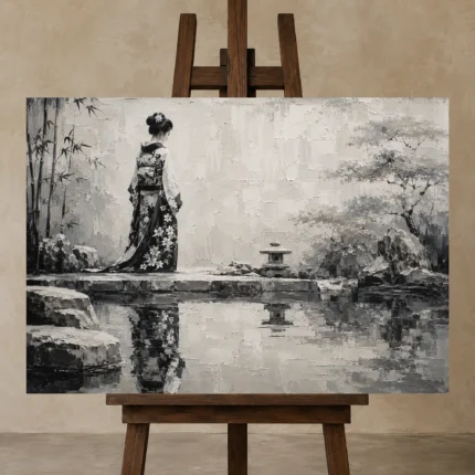 Porcelain White Pond Monochrome Geisha Art Canvas Print displayed on a studio easel