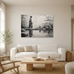 Porcelain White Pond Monochrome Geisha Art Canvas Print styled in a refined neutral interior