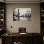 Porcelain White Pond Monochrome Geisha Art Canvas Print displayed in a contemporary gallery-inspired room