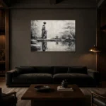 Porcelain White Pond Monochrome Geisha Art Canvas Print shown in a warm modern interior