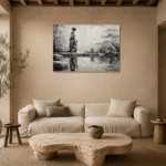 Porcelain White Pond Monochrome Geisha Art Canvas Print presented in a sophisticated home setting