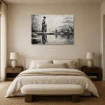 Porcelain White Pond Monochrome Geisha Art Canvas Print showcased in an elegant minimalist interior
