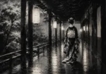 Graphite Lantern Corridor Monochrome Geisha Art Canvas Print