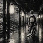 Graphite Lantern Corridor Monochrome Geisha Art Canvas Print