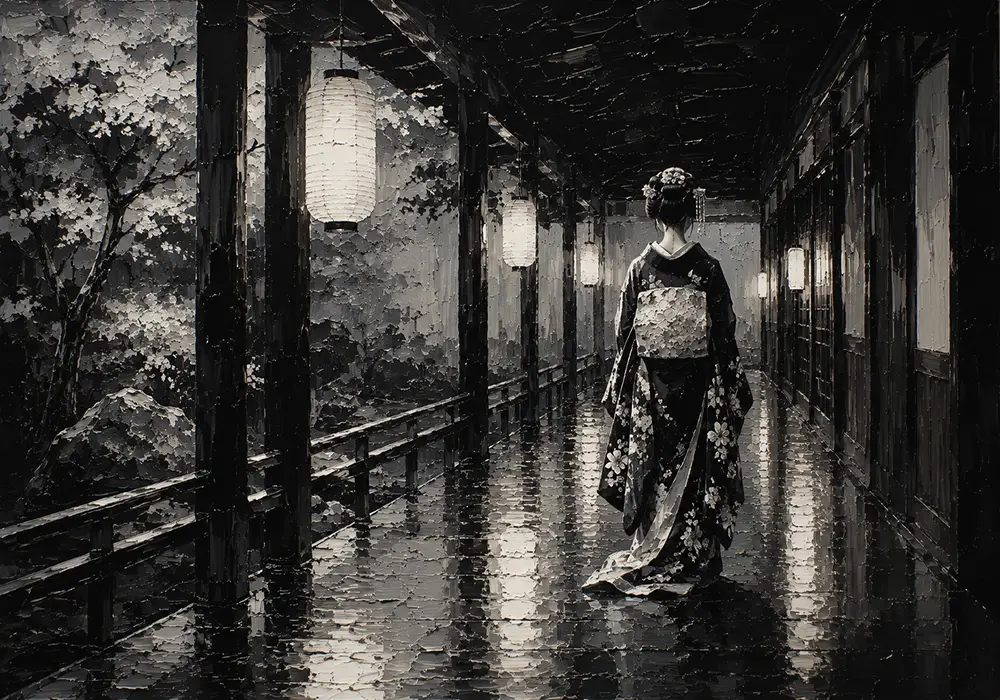 Graphite Lantern Corridor Monochrome Geisha Art Canvas Print