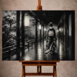 Graphite and muted silver Monochrome Geisha Art print for elegant interiors. No text or watermarks in design.