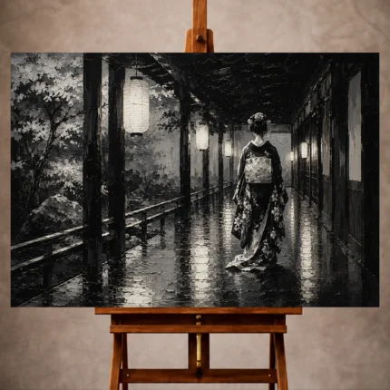 Graphite and muted silver Monochrome Geisha Art print for elegant interiors. No text or watermarks in design.