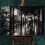 Graphite Lantern Corridor Monochrome Geisha Art Canvas Print - Image 2