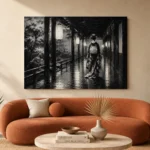 Graphite Lantern Corridor Monochrome Geisha Art Canvas Print - Image 3