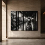 Graphite Lantern Corridor Monochrome Geisha Art Canvas Print - Image 6