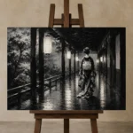 Graphite Lantern Corridor Monochrome Geisha Art Canvas Print displayed on a studio easel