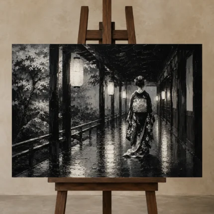 Graphite Lantern Corridor Monochrome Geisha Art Canvas Print shown in Studio Easel