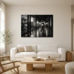 Graphite Lantern Corridor Monochrome Geisha Art Canvas Print styled in a refined neutral interior