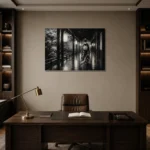 Graphite Lantern Corridor Monochrome Geisha Art Canvas Print displayed in a contemporary gallery-inspired room