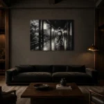 Graphite Lantern Corridor Monochrome Geisha Art Canvas Print shown in a warm modern interior