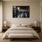 Graphite Lantern Corridor Monochrome Geisha Art Canvas Print showcased in an elegant minimalist interior