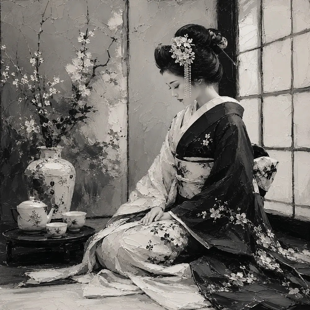 Pearl Gray Tea Alcove Monochrome Geisha Art Canvas Print