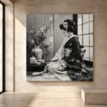 Pearl gray Monochrome Geisha Art print for elegant interiors. No text or watermarks in design.