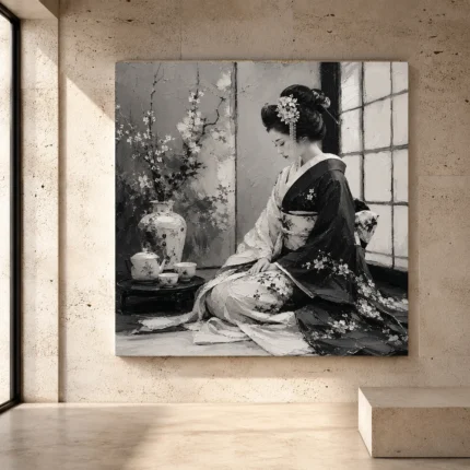Pearl gray Monochrome Geisha Art print for elegant interiors. No text or watermarks in design.