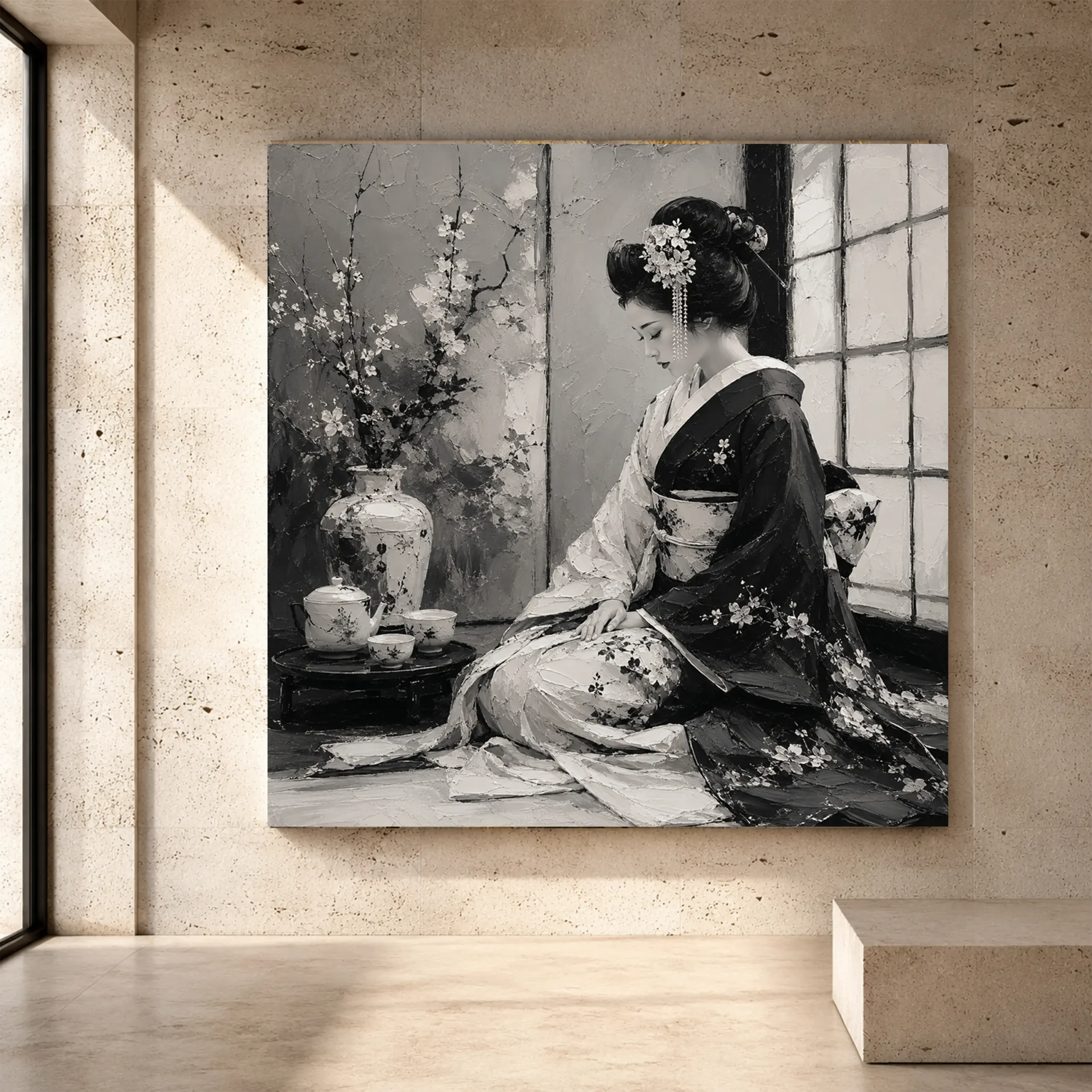 Premium Wall Art Kare Html Edition – GYSHA081 Image 1 Pearl gray Monochrome Geisha Art print for elegant interiors. No text or watermarks in design.