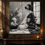 Pearl Gray Tea Alcove Monochrome Geisha Art Canvas Print - Image 2