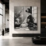 Pearl Gray Tea Alcove Monochrome Geisha Art Canvas Print - Image 3
