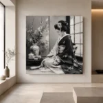 Pearl Gray Tea Alcove Monochrome Geisha Art Canvas Print - Image 4