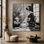 Pearl Gray Tea Alcove Monochrome Geisha Art Canvas Print - Image 5