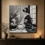 Pearl Gray Tea Alcove Monochrome Geisha Art Canvas Print - Image 6