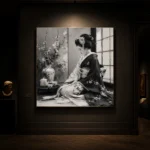 Pearl Gray Tea Alcove Monochrome Geisha Art Canvas Print - Image 7