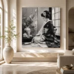 Pearl Gray Tea Alcove Monochrome Geisha Art Canvas Print - Image 8