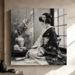 Pearl Gray Tea Alcove Monochrome Geisha Art Canvas Print - Image 9