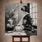 Pearl Gray Tea Alcove Monochrome Geisha Art Canvas Print - Image 10