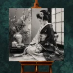 Pearl Gray Tea Alcove Monochrome Geisha Art Canvas Print - Image 11