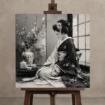 Pearl Gray Tea Alcove Monochrome Geisha Art Canvas Print displayed on a studio easel