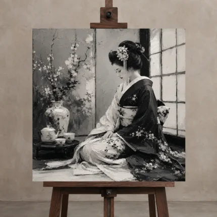 Pearl Gray Tea Alcove Monochrome Geisha Art Canvas Print displayed on a studio easel