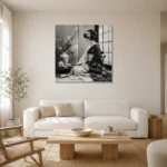 Pearl Gray Tea Alcove Monochrome Geisha Art Canvas Print styled in a refined neutral interior