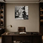 Pearl Gray Tea Alcove Monochrome Geisha Art Canvas Print displayed in a contemporary gallery-inspired room