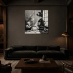 Pearl Gray Tea Alcove Monochrome Geisha Art Canvas Print shown in a warm modern interior