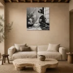 Pearl Gray Tea Alcove Monochrome Geisha Art Canvas Print presented in a sophisticated home setting