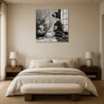 Pearl Gray Tea Alcove Monochrome Geisha Art Canvas Print showcased in an elegant minimalist interior