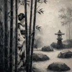 Ash Gray Bamboo Monochrome Geisha Art Canvas Print