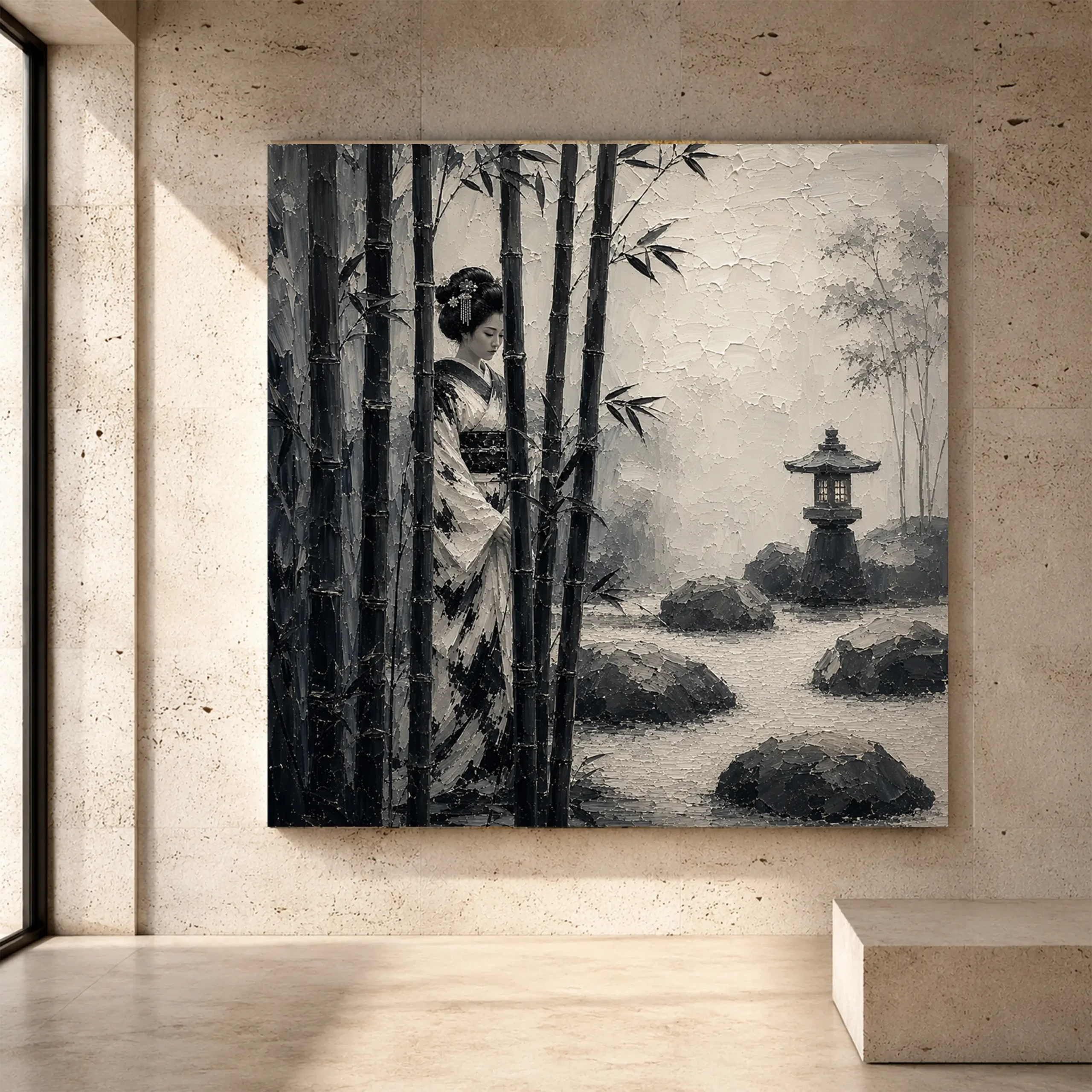 Premium Wall Art Kare Html Edition – GYSHA082 Image 1 Ash gray and soft ivory Monochrome Geisha Art print for elegant interiors. No text or watermarks in design.