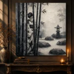 Ash Gray Bamboo Monochrome Geisha Art Canvas Print - Image 2