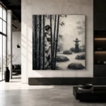Ash Gray Bamboo Monochrome Geisha Art Canvas Print - Image 3