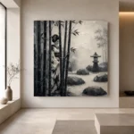 Ash Gray Bamboo Monochrome Geisha Art Canvas Print - Image 4