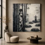 Ash Gray Bamboo Monochrome Geisha Art Canvas Print - Image 5