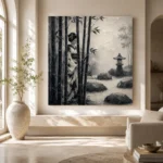 Ash Gray Bamboo Monochrome Geisha Art Canvas Print - Image 8